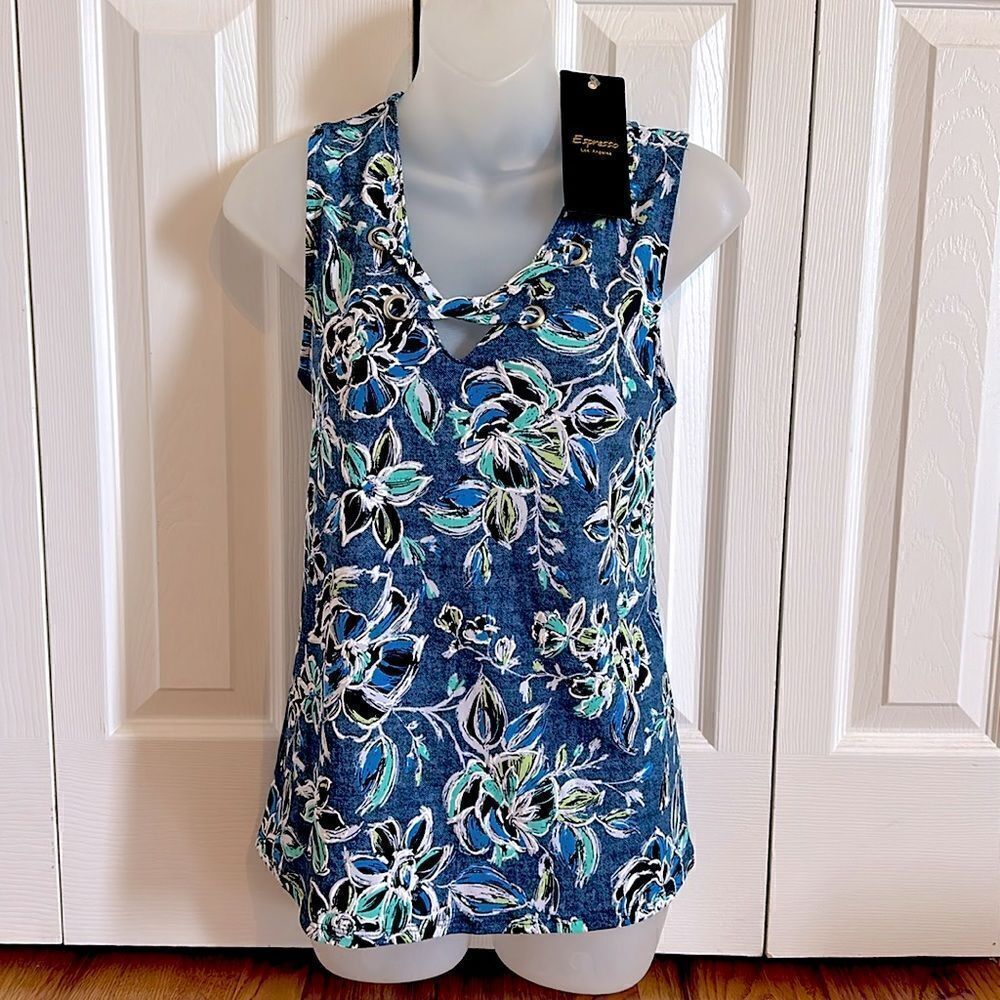 Espresso Floral Blue Teal Green Sleeveless Tank Top Shirt Blouse Small S NWT